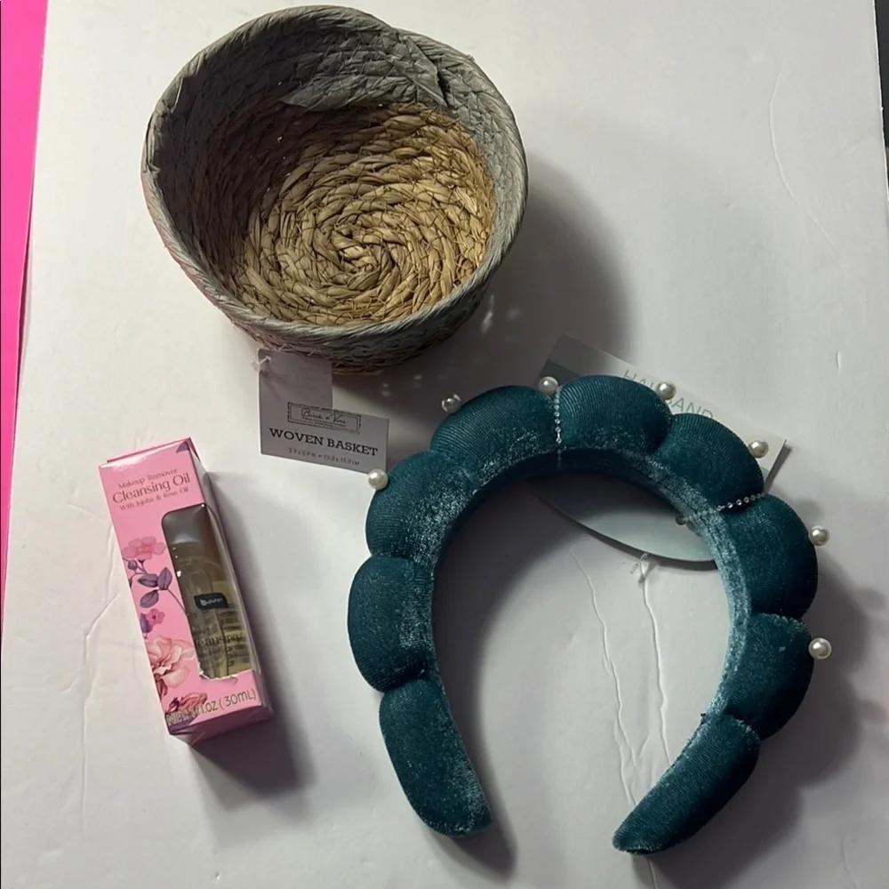 🫖🍵 Self care Kit Teal Velvet Headband wit Pearls with basket and jojoba rose oil